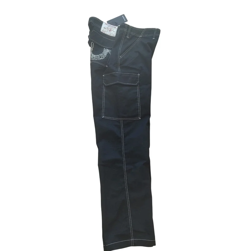 True Religion Mens Cargo SN Pant HS Jet Black Contrast Stitch Size 36 700820 NEW